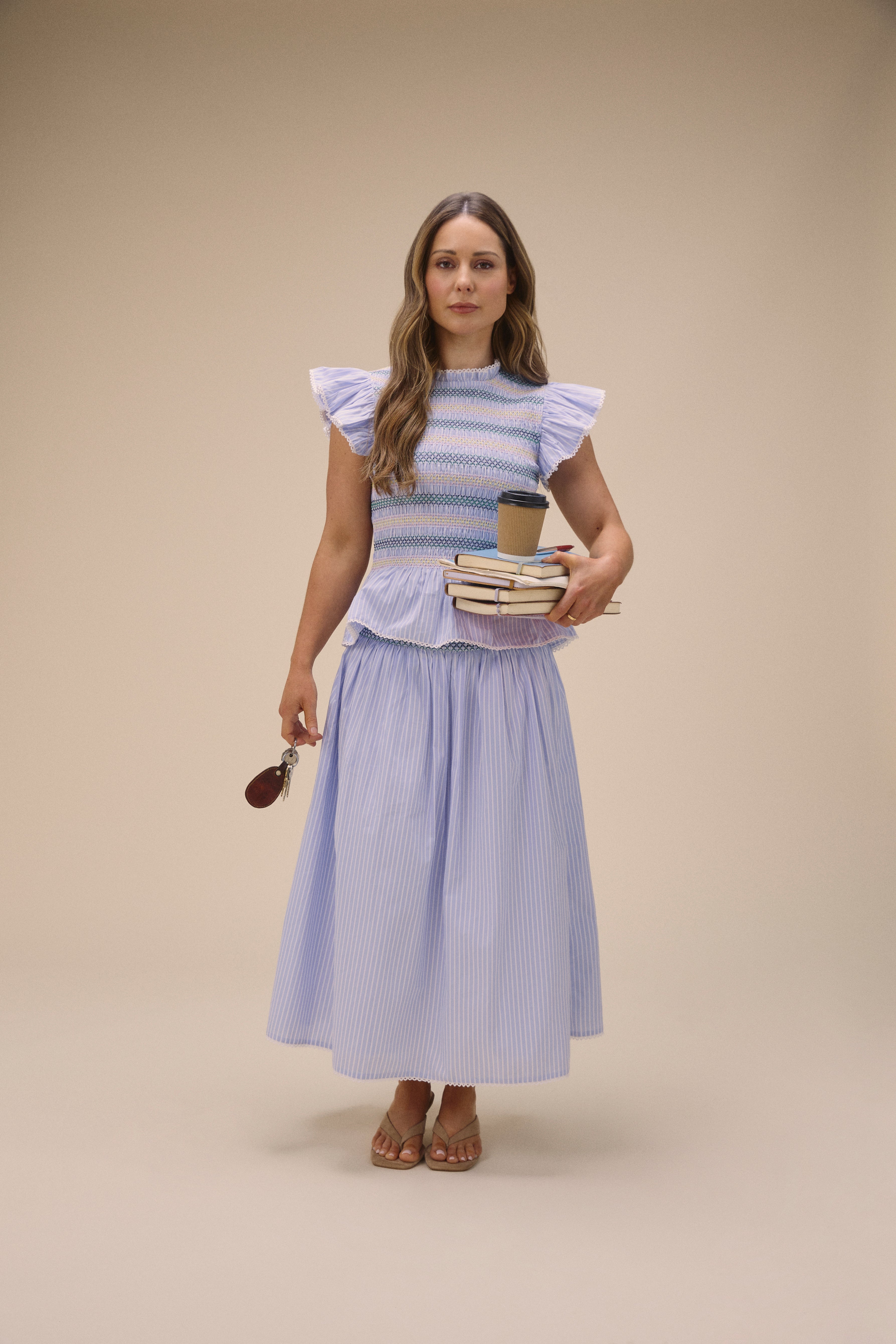 Blue Striped Shirred Top & Skirt Set