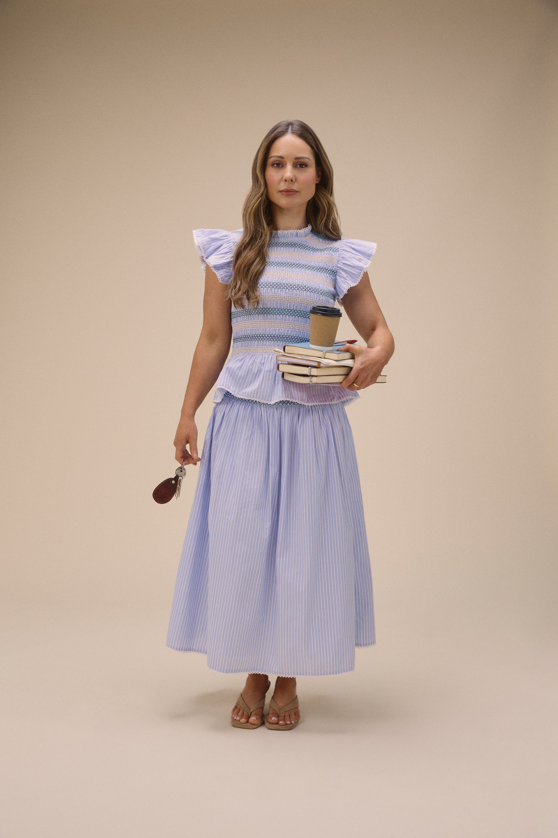 Blue Striped Shirred Top & Skirt Set