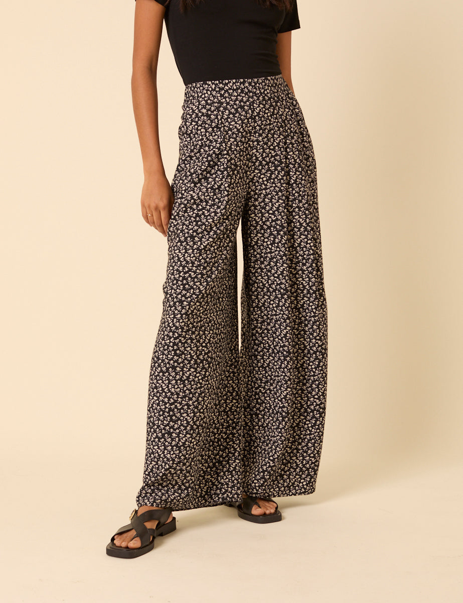 Black Ditsy Floral Wide Leg Zeena Trousers