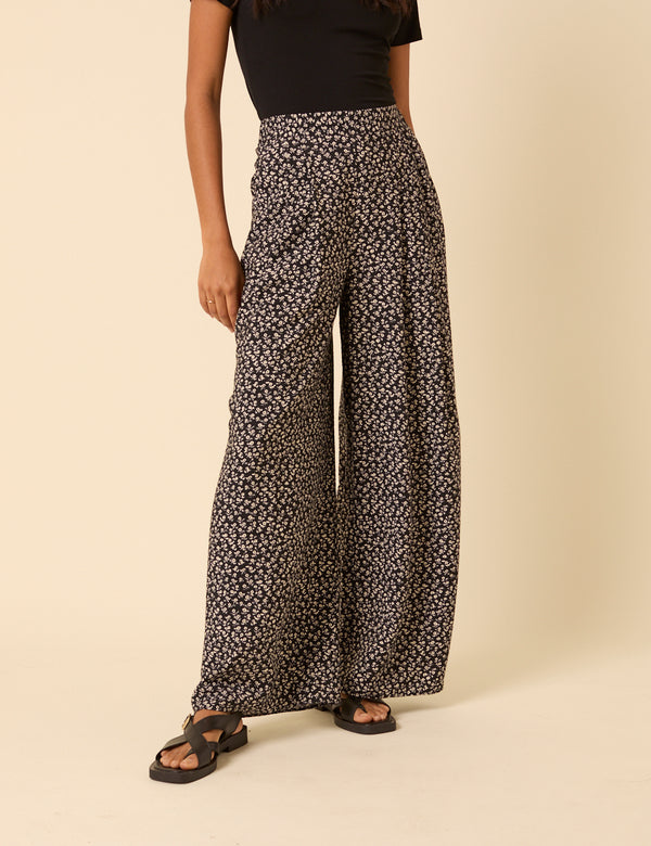 Black Ditsy Floral Wide Leg Zeena Trousers