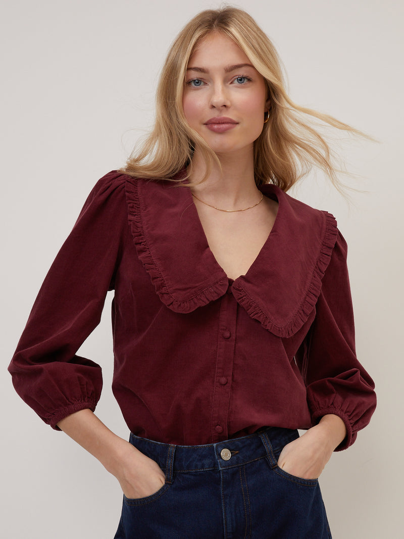 Burgundy Cord Peter Pan Collar Emmie Blouse