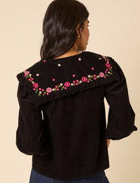 Black Cord Floral Embroidered Oversized Ruffle Collar Blouse