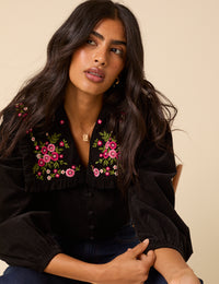 Black Cord Floral Embroidered Oversized Ruffle Collar Blouse