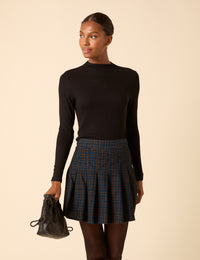 Navy Check Pleated Mini Skirt