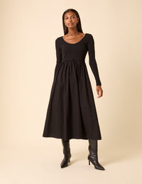 Black Scoop Neck A-Line Midi Dress
