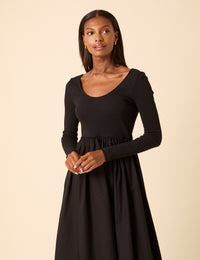 Black Scoop Neck A-Line Midi Dress
