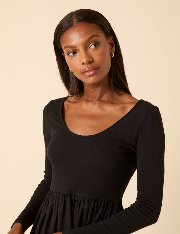 Black Scoop Neck A-Line Midi Dress