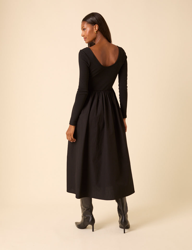 Black Scoop Neck A-Line Midi Dress