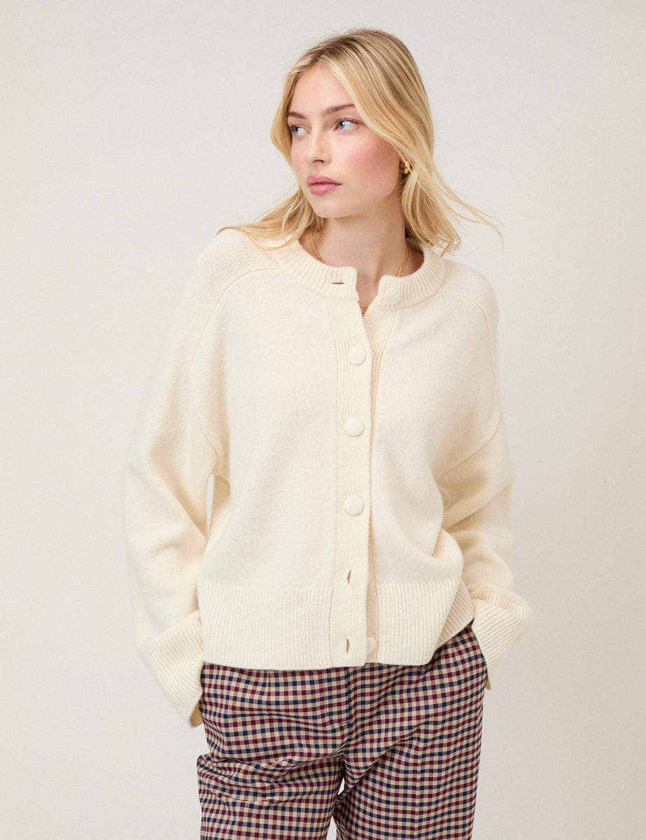 Cream Wool Saddle Shoulder Cardigan