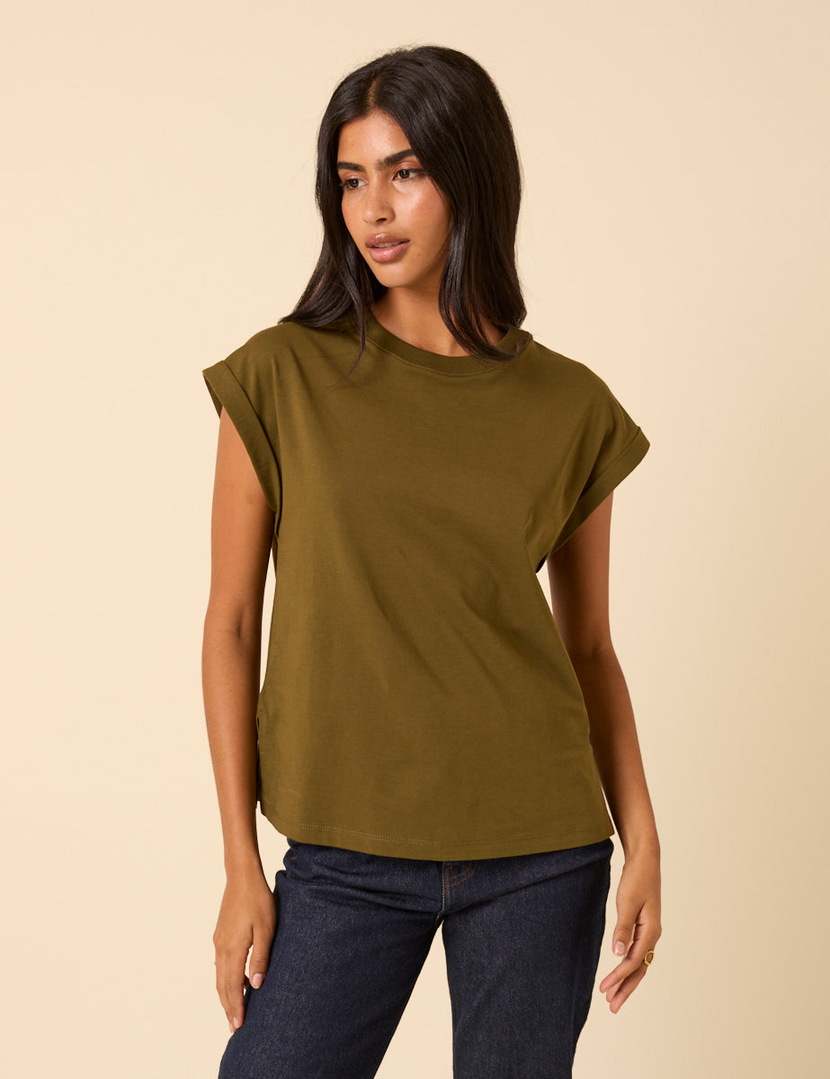 Khaki Green Cap Sleeve T-Shirt
