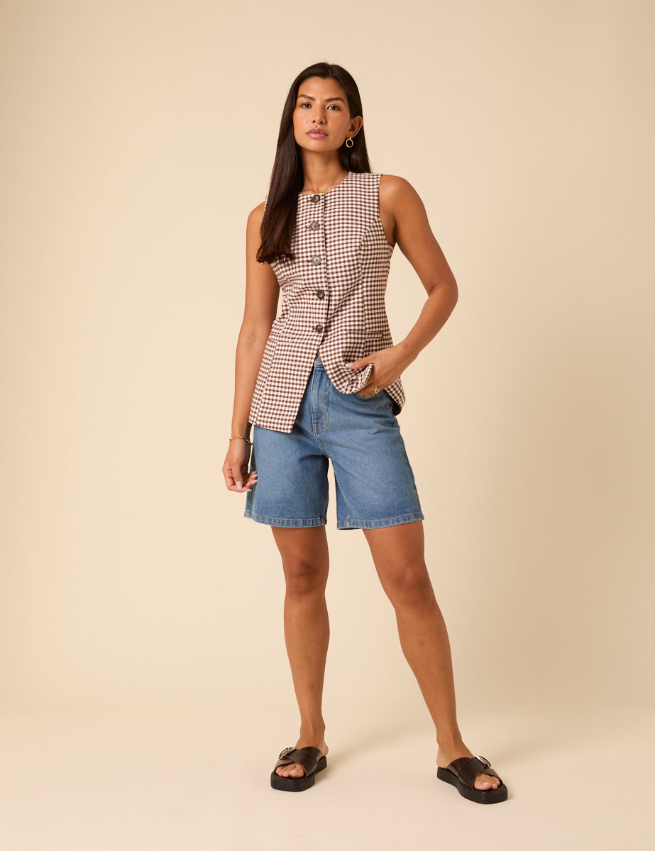 Brown Gingham Tailored Longline Waistcoat