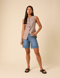 Brown Gingham Tailored Longline Waistcoat