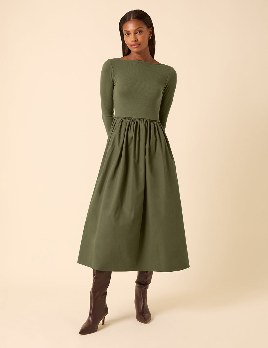 Green Scoop Neck A-Line Midi Dress