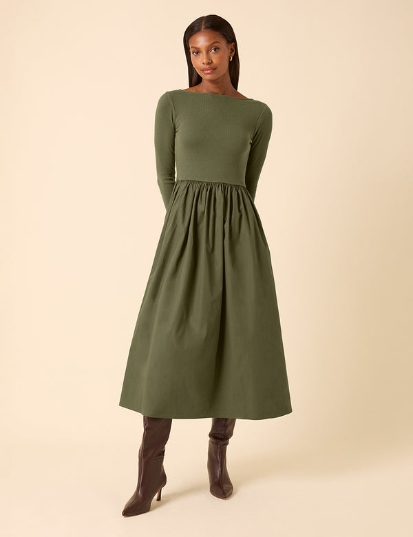 Green Scoop Neck A-Line Midi Dress