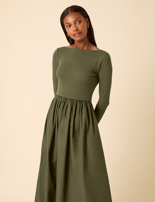 Green Scoop Neck A-Line Midi Dress