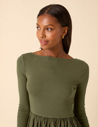 Green Scoop Neck A-Line Midi Dress