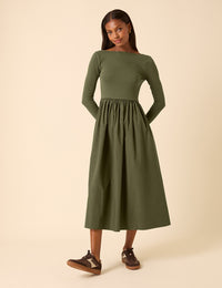 Green Scoop Neck A-Line Midi Dress