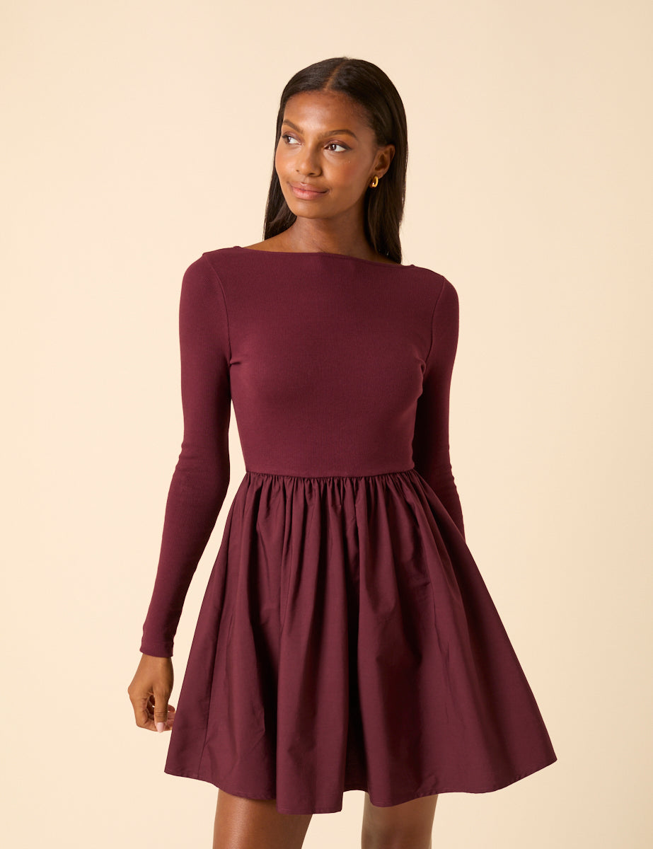 a-line plunge neck long sleeve mini dress in plum Long Sleeve Plunge Neckline Ruched Detail Mini Dress In Chocolate Brown | EGO EU