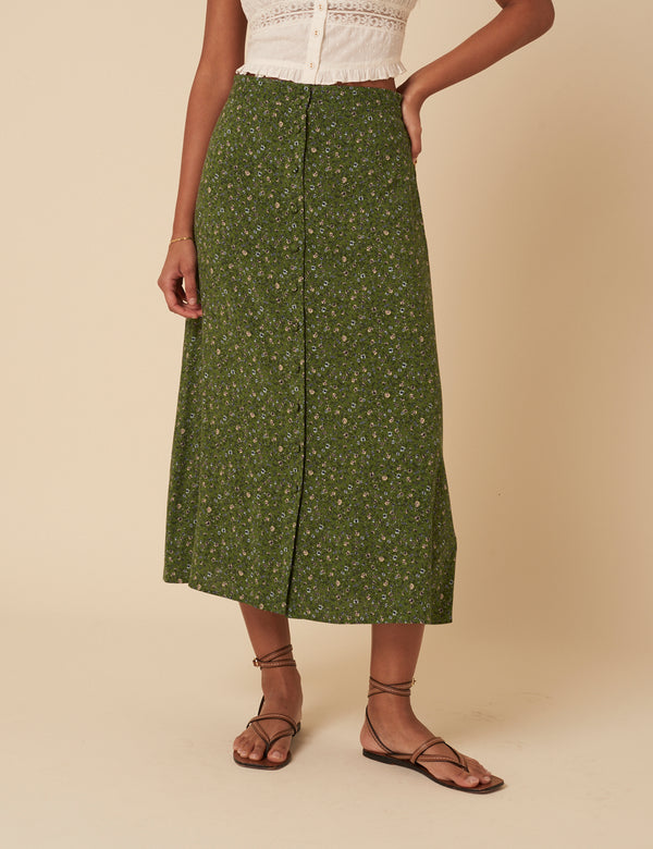 Green Ditsy Floral Midi Skirt
