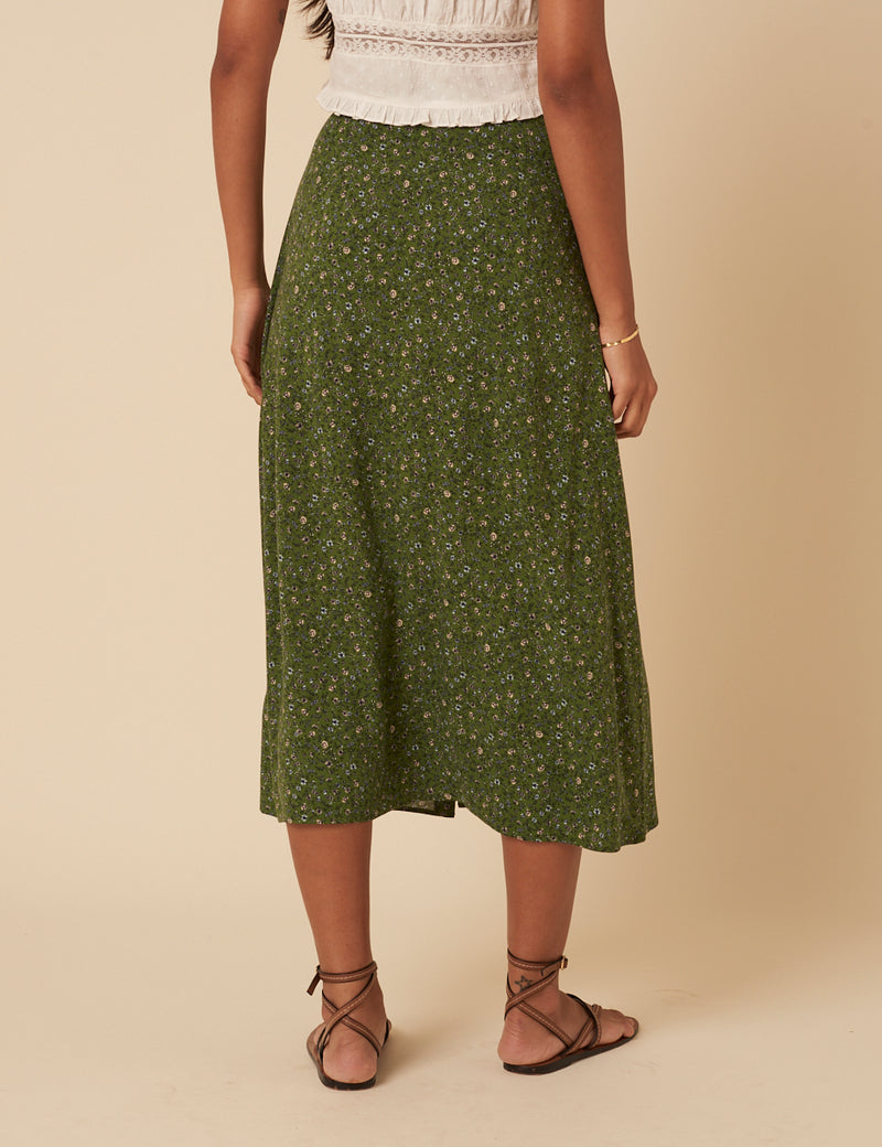 Green Ditsy Floral Midi Skirt
