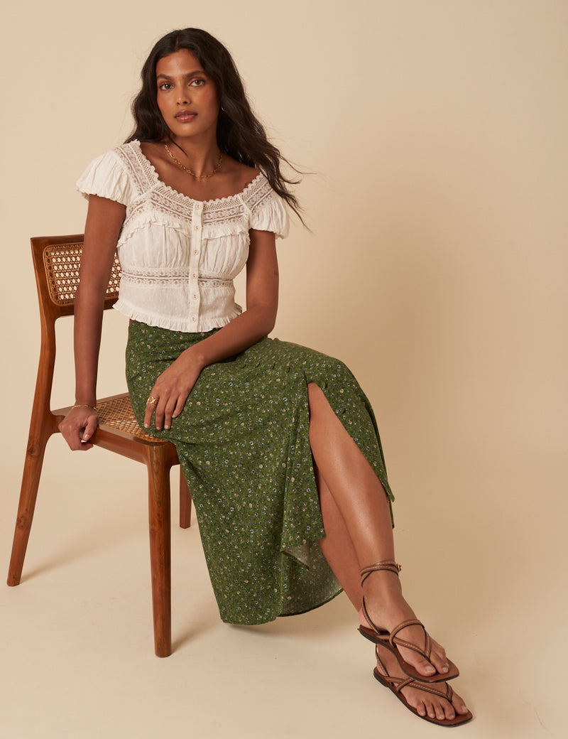 Green Ditsy Floral Midi Skirt