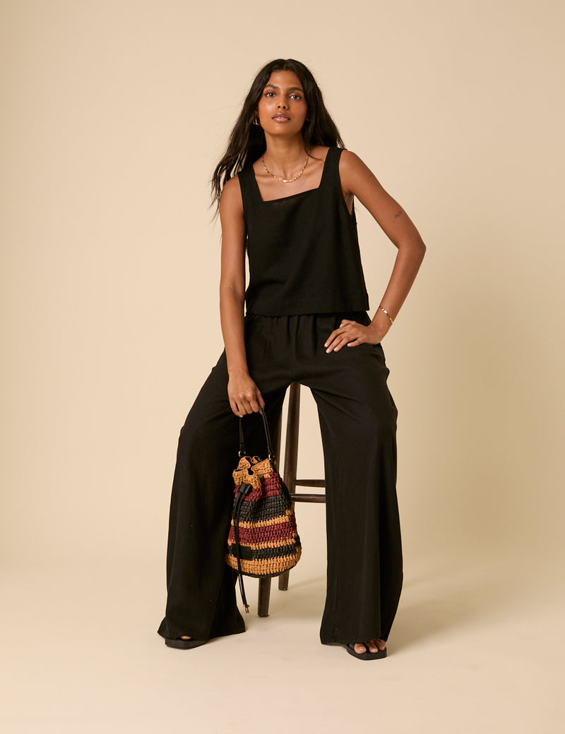 Black Linen-blend Swing Top