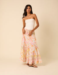 Pink Floral Printed Tiered Midi Skirt