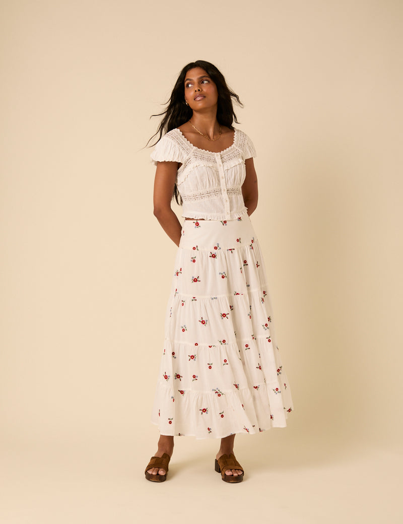 White Tiered Floral Embroidered Midi Skirt