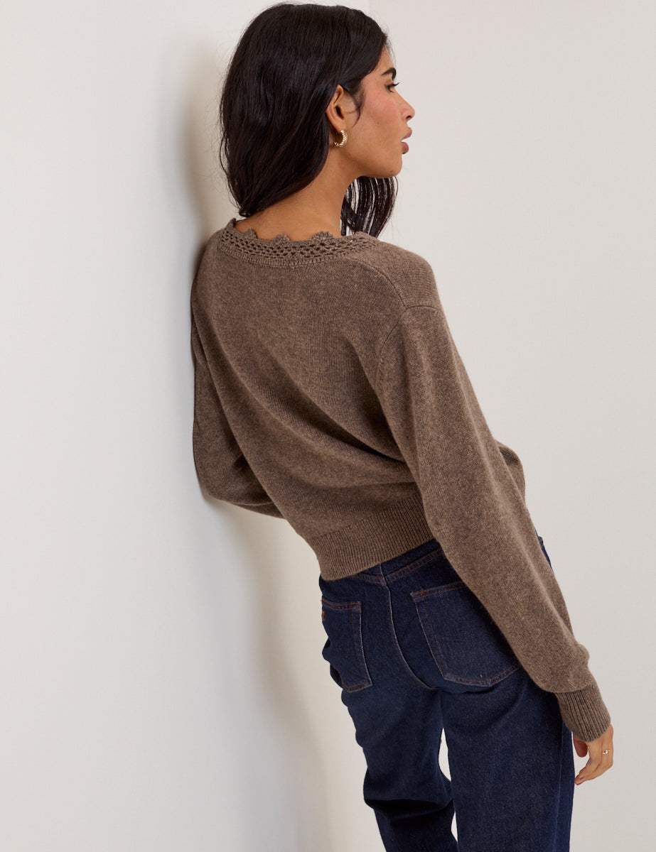 Brown Wool Blend Crochet Trim V-Neck Cardigan