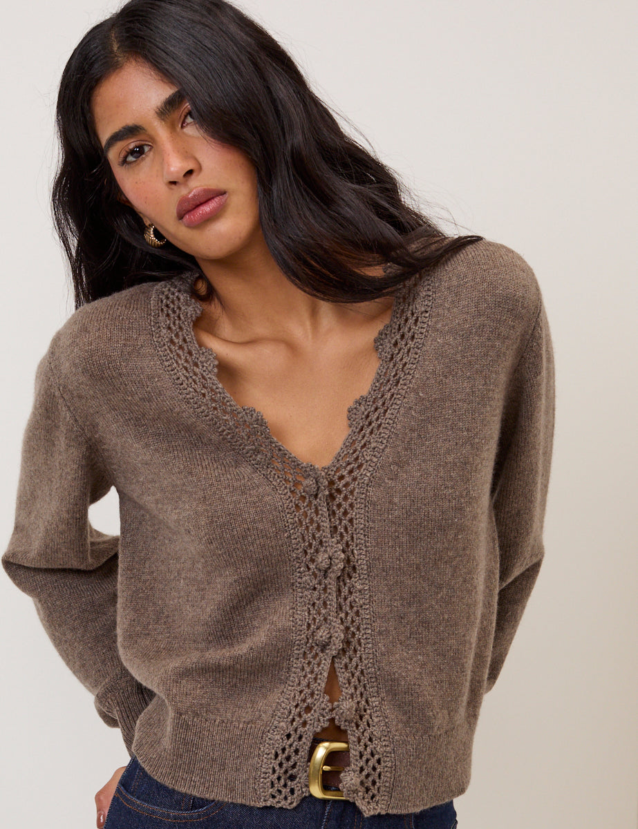 Brown Wool Blend Crochet Trim V-Neck Cardigan