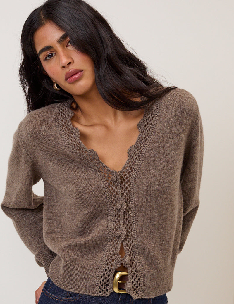 Brown Wool Blend Crochet Trim V-Neck Cardigan