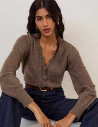 Brown Wool Blend Crochet Trim V-Neck Cardigan