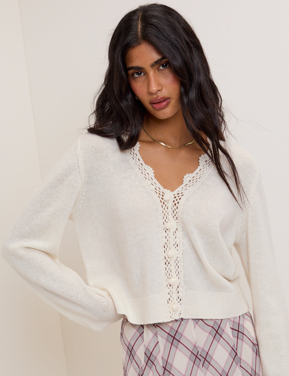 White Wool Blend Crochet Trim V-Neck Cardigan