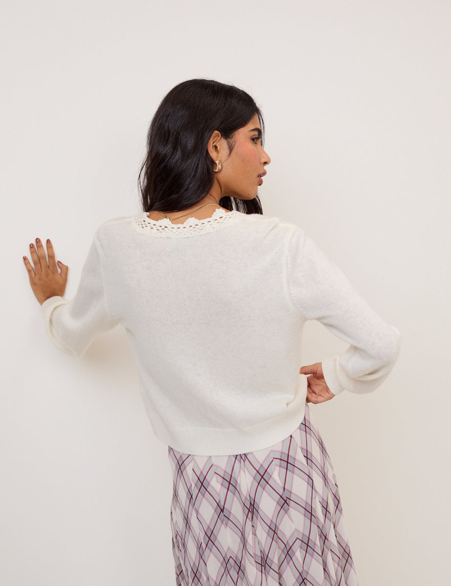 White Wool Blend Crochet Trim V-Neck Cardigan