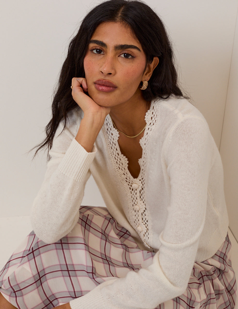 White Wool Blend Crochet Trim V-Neck Cardigan