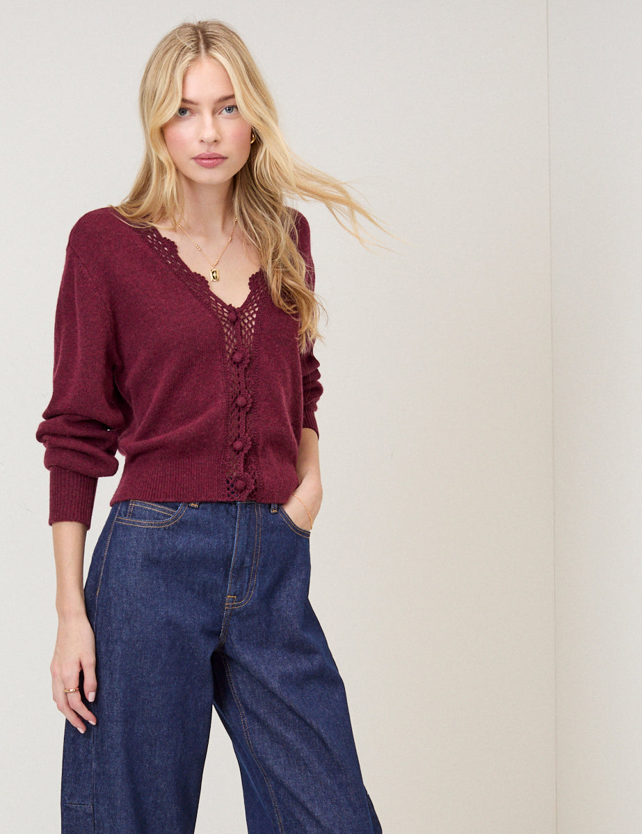 Burgundy Crochet Trim V-Neck Elodie Cardigan