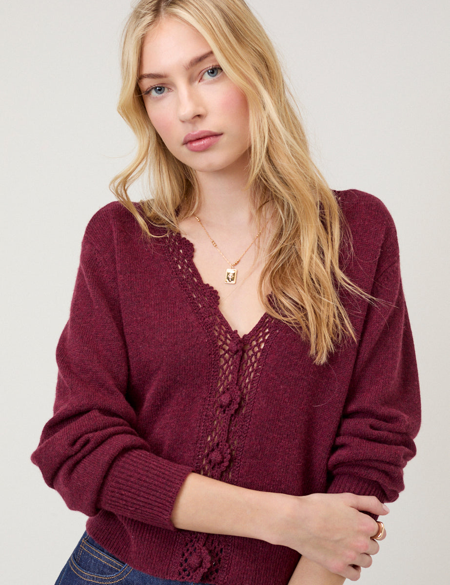 Burgundy Crochet Trim V-Neck Elodie Cardigan