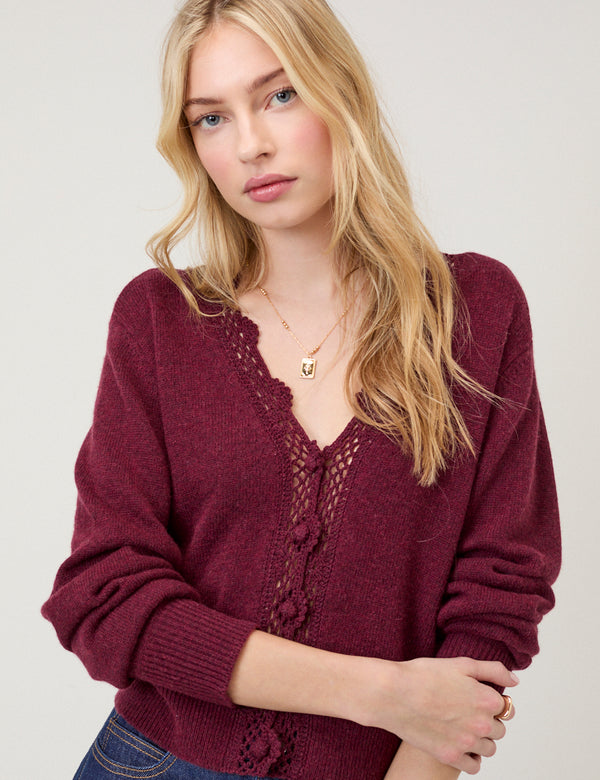 Burgundy Crochet Trim V Neck Cardigan