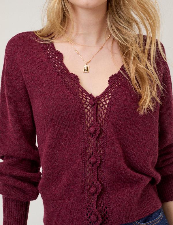 Burgundy Crochet Trim V Neck Cardigan