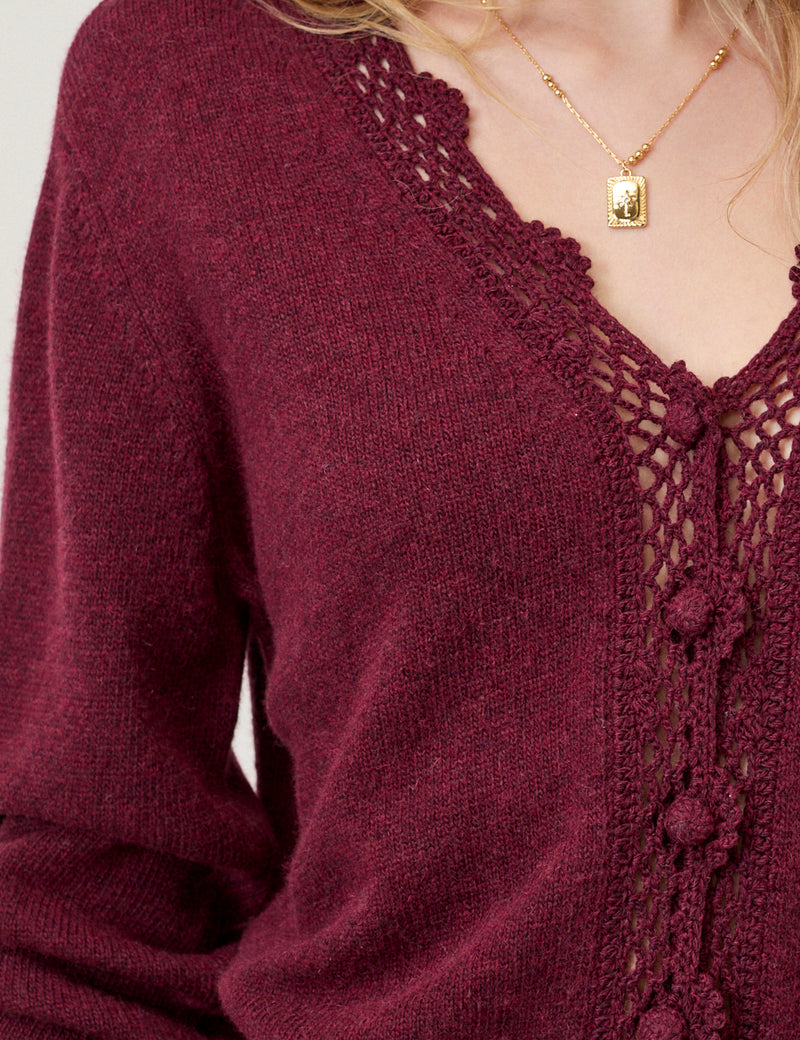 Burgundy Crochet Trim V-Neck Elodie Cardigan