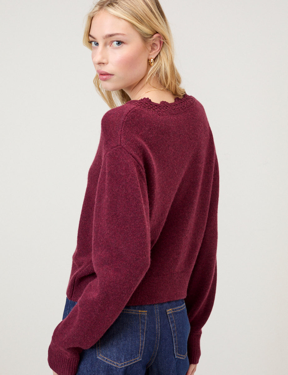 Burgundy Crochet Trim V-Neck Elodie Cardigan