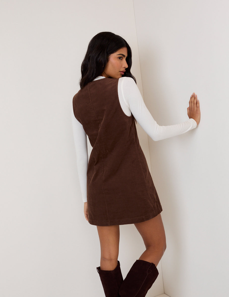 Brown Cord Nila Pinafore Mini Dress
