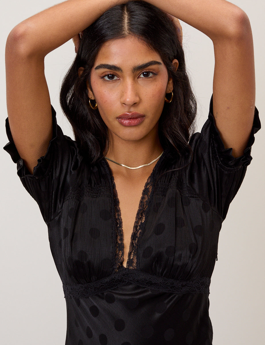 Black Polka Dot Jacquard Angela Midi Dress