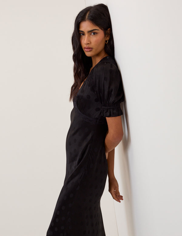 Black Polka Dot Jacquard Angela Midi Dress