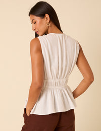 White Linen-blend Tie Front Top