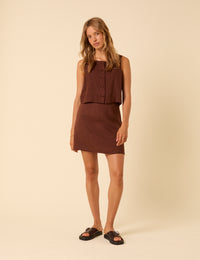 Brown Linen-blend Mini Skirt