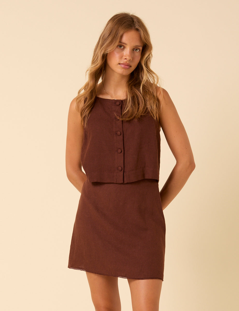 Brown Linen-Blend Mini Skirt