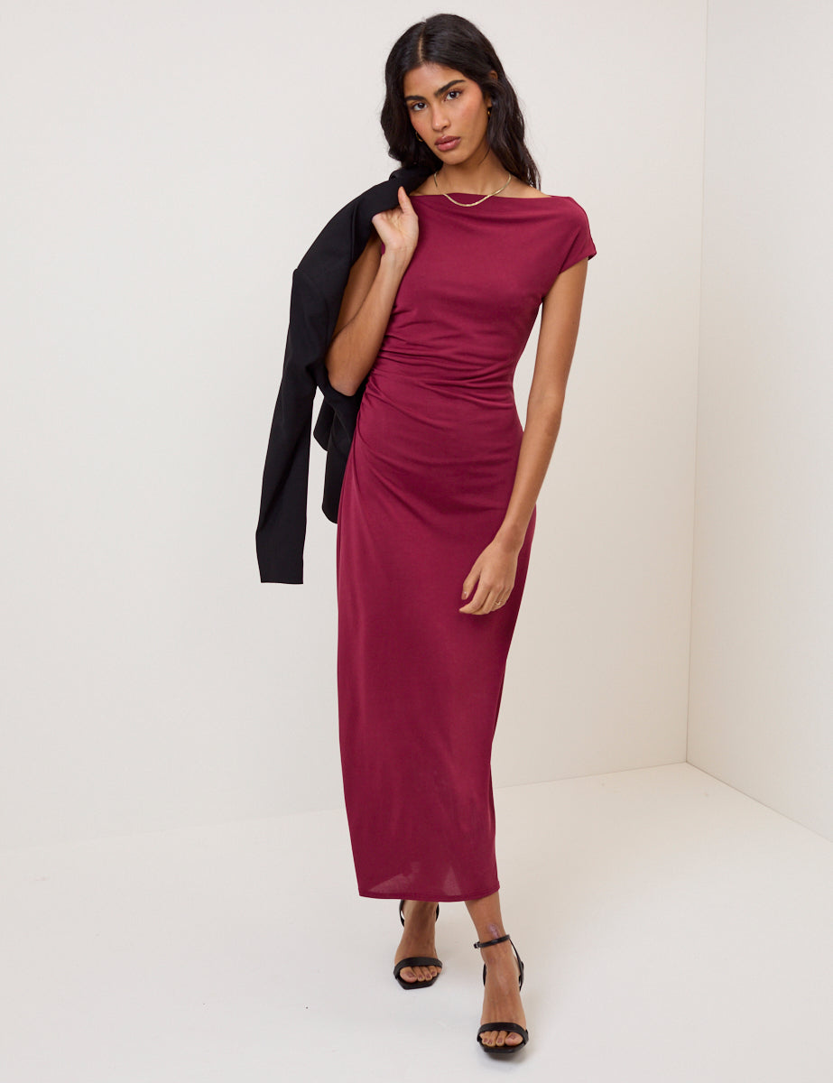 Burgundy Twist Shoulder Bethany Jersey Midi Dress