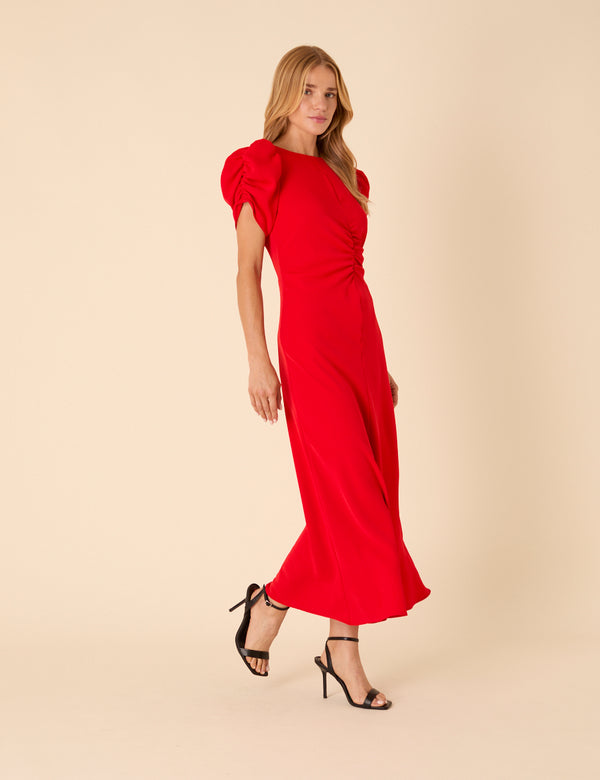 Red Ruched Naomi Midi Dress