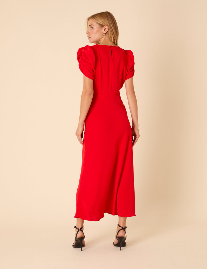 Red Ruched Naomi Midi Dress